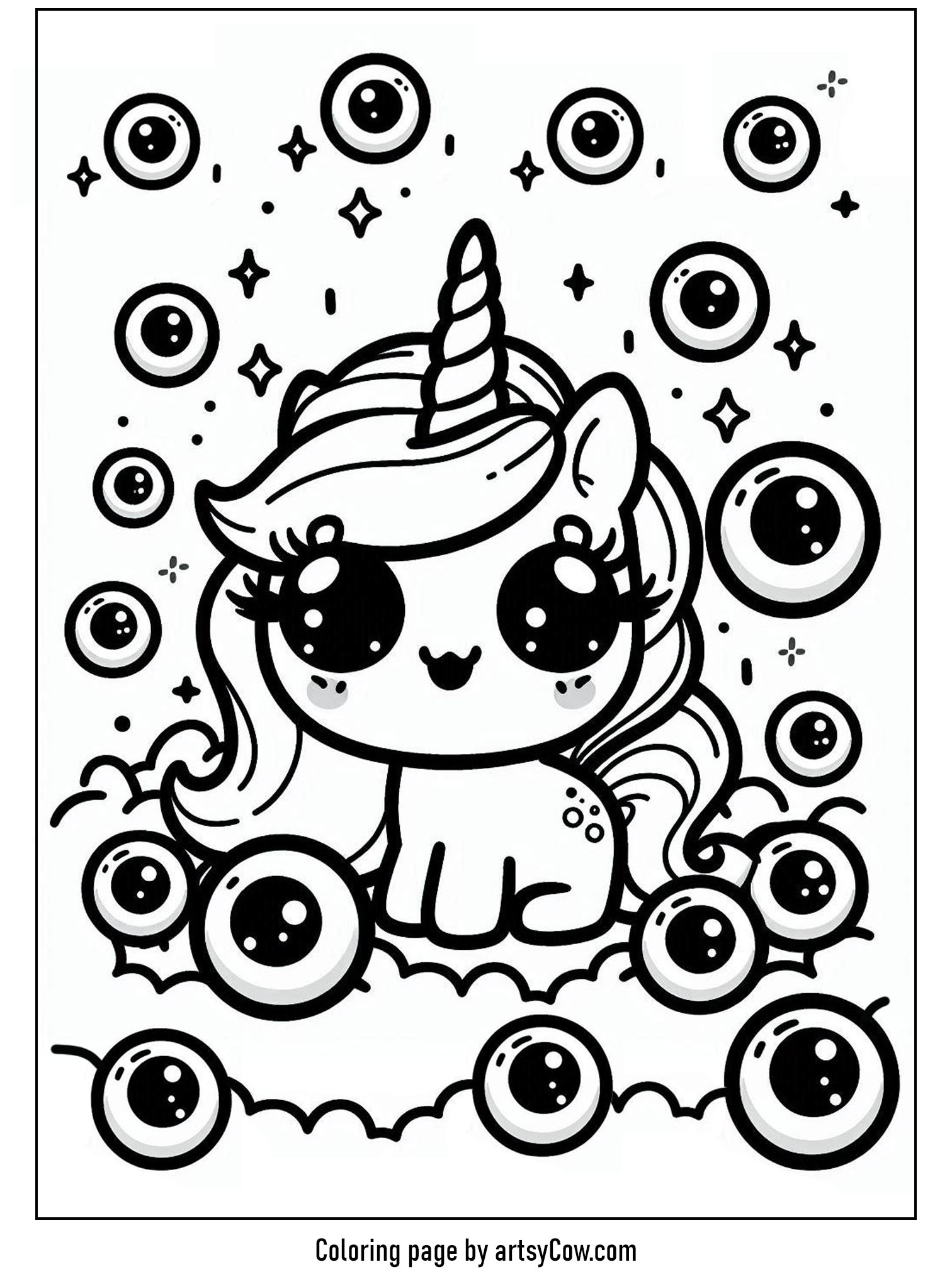 halloween coloring pages with unicorn 2 featuring a cute unicorn surrounded by floating eyeballs and tiny stars.